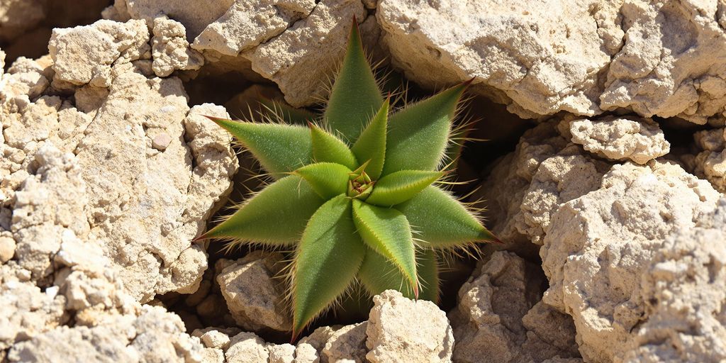 Cactus Aztekium ritteri creciendo lentamente en montañas rocosas.