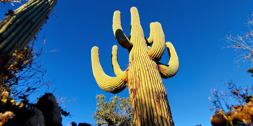 Saguaro en desierto de Sonora al atardecer.