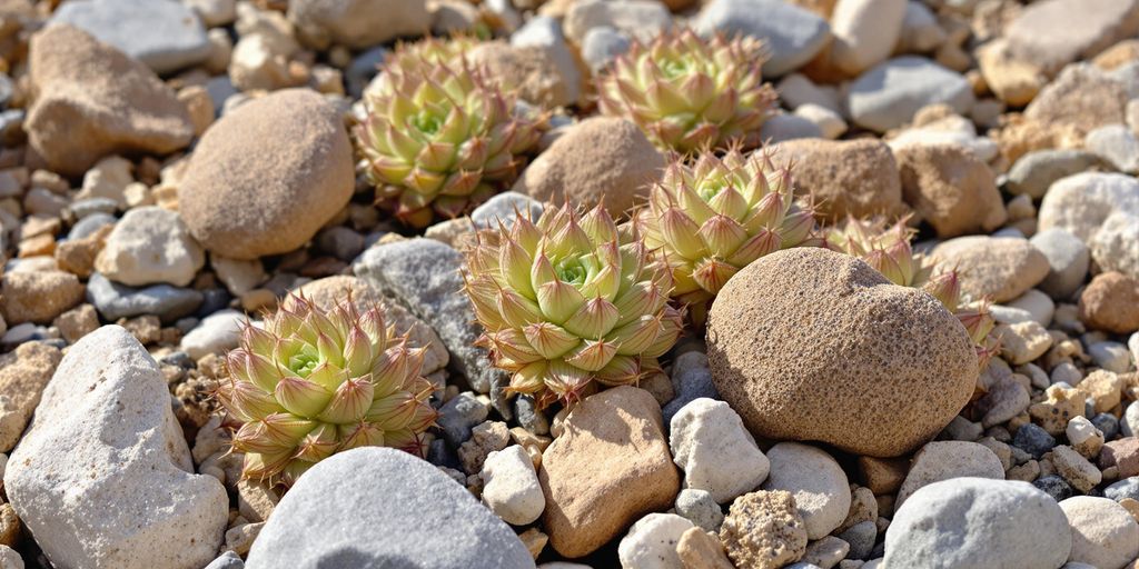 Primer plano de lithops, camuflados con las rocas.