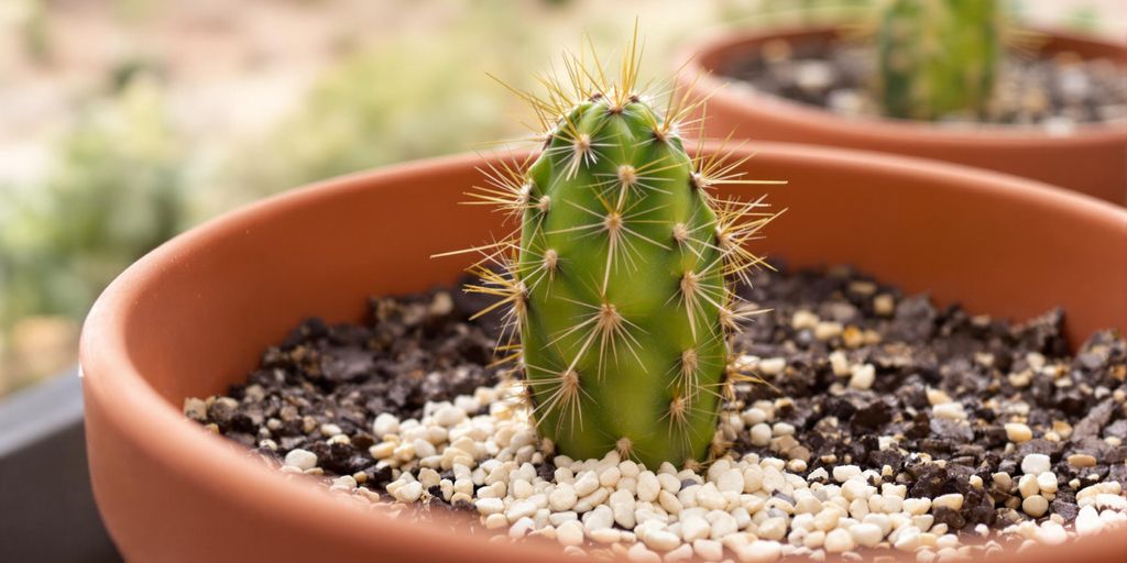 Cactus en maceta con fertilizante en forma de gránulos.