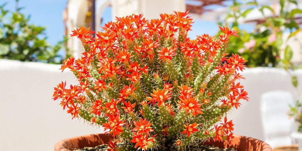 Rebutia minor en flor, terraza mediterránea, pleno sol.