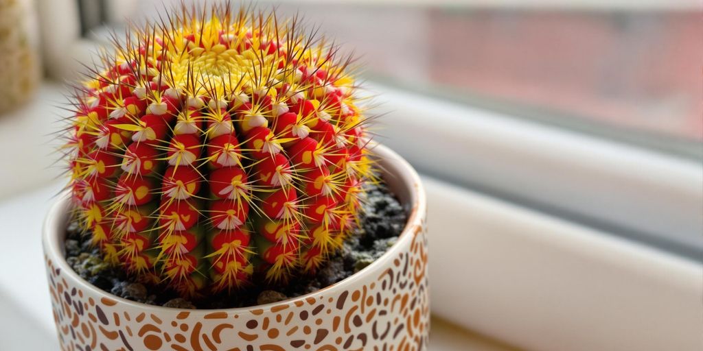 Cactus Gymnocalycium mihanovichii, colores vibrantes, maceta decorativa.
