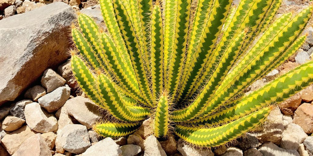 Cereus peruvianus variegado en cantero rocoso ornamental