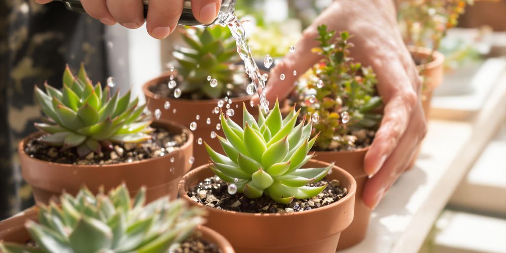 Manos regando suculentas en macetas, evitando errores comunes.