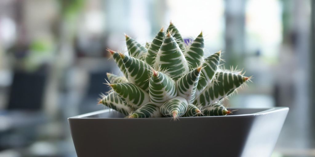 Cactus astrophytum asterias en maceta moderna en oficina.