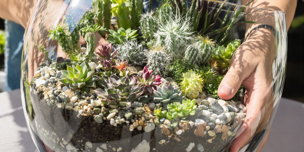 Manos colocando suculentas en un terrario.