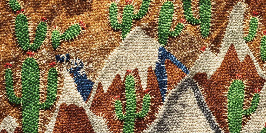 Tapicería tarahumara, diseños de cactus, montañas