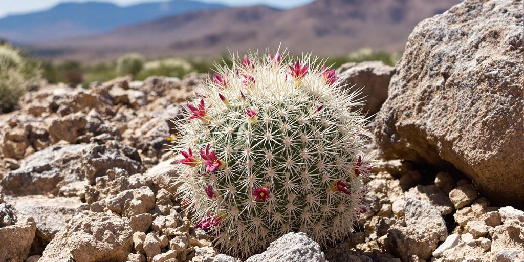 Cactus Mammillaria hahniana crece en hábitat rocoso mexicano