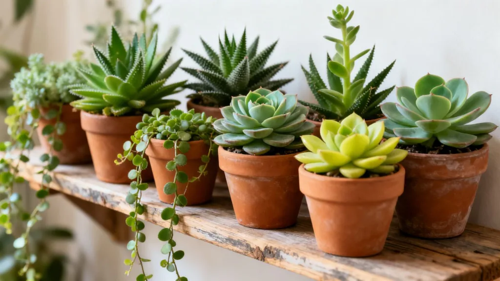Colección de suculentas de sombra para interiores.