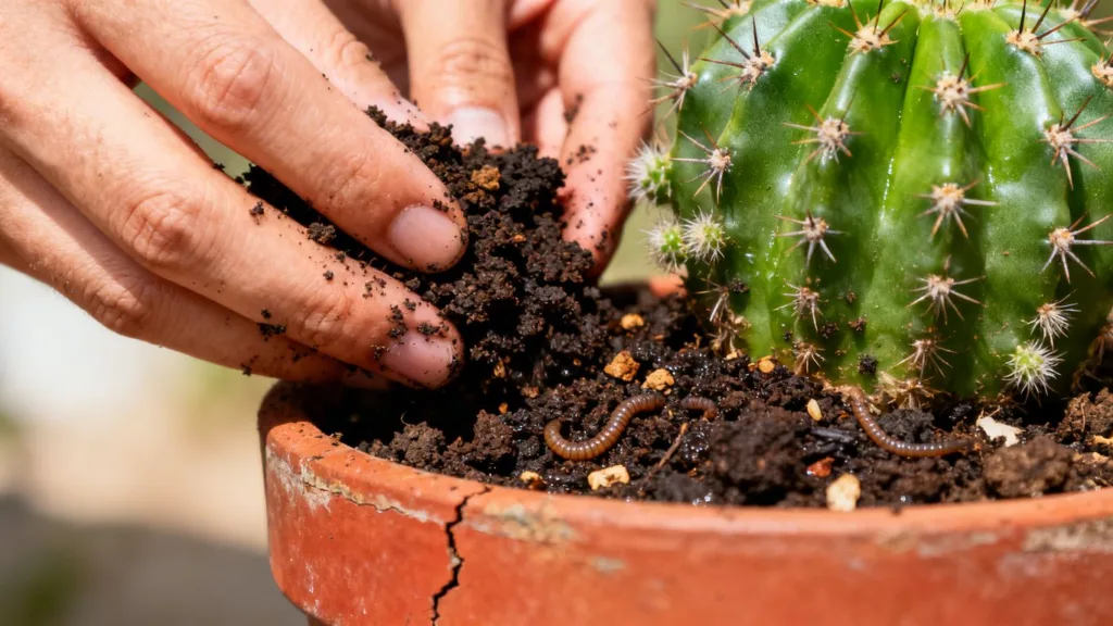 Manos fertilizando un cactus con abono casero.