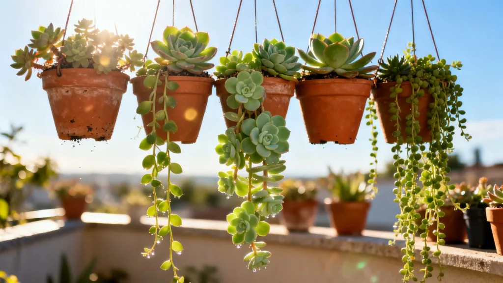 Suculentas colgantes en una terraza soleada.