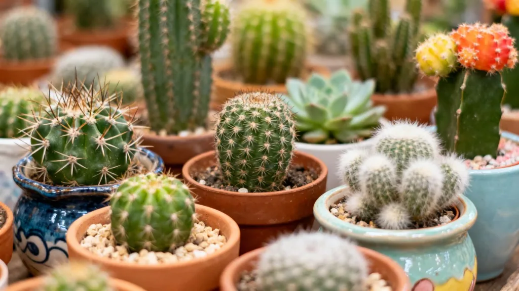 Mini jardín de cactus en macetas creativas.