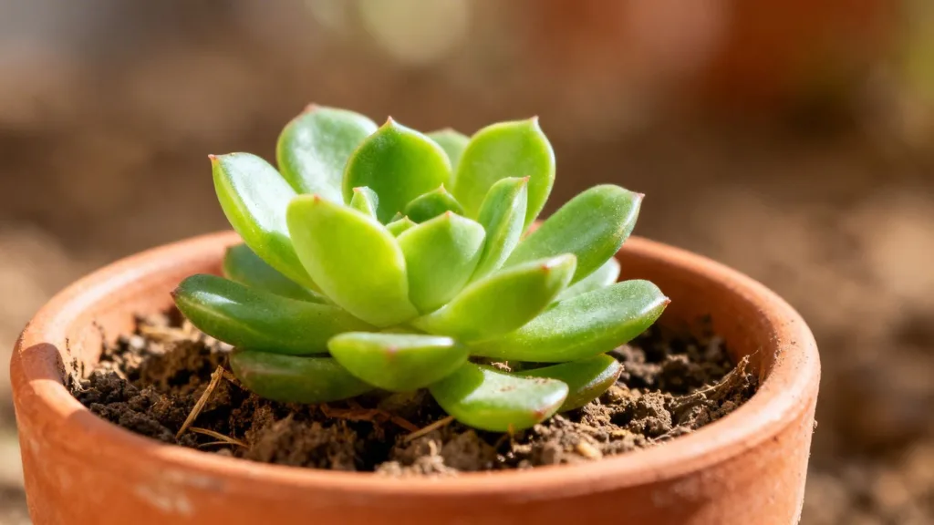 Suculenta sana en maceta de terracota con tierra seca.