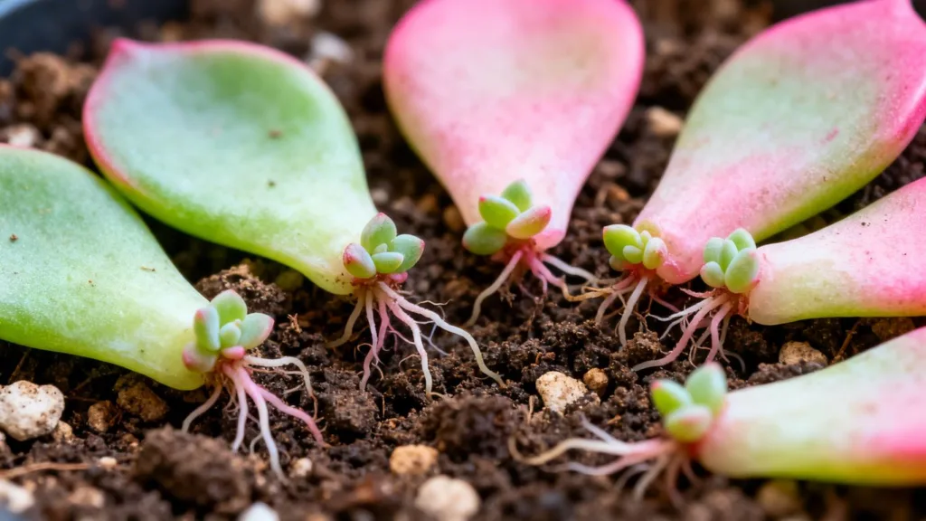 Hojas de suculentas con raíces y nuevas plantas.