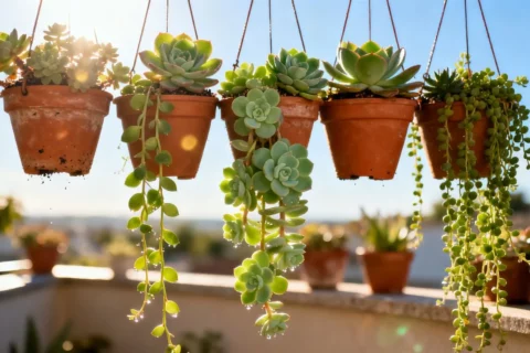 Suculentas colgantes en una terraza soleada.