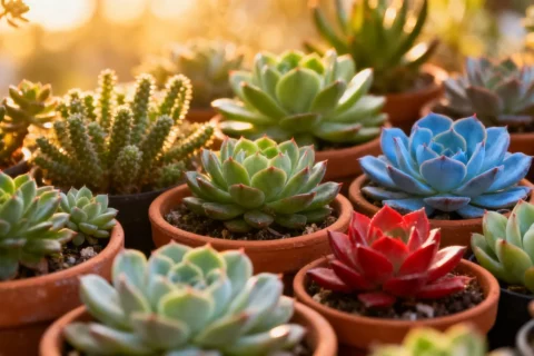 Suculentas sanas y variadas en macetas de terracota.